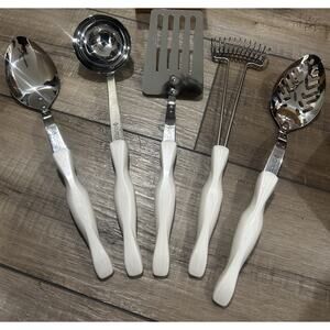 5 White Pearl Handle CUTCO Kitchen Utensils Spatula Ladle Spoons Whisk Lot
